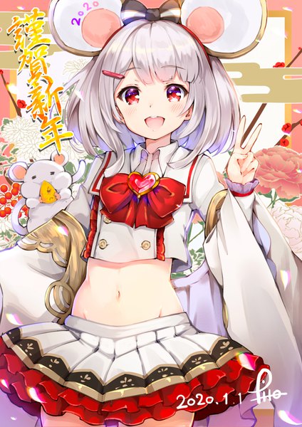 Anime picture 989x1400 with granblue fantasy vikala (granblue fantasy) pilokey single tall image looking at viewer short hair open mouth red eyes animal ears silver hair :d midriff groin dated victory fake animal ears new year 2020 nengajou