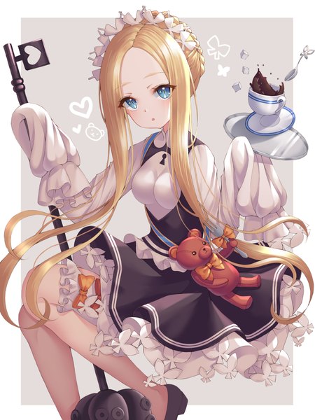 Anime picture 3000x4000 with fate (series) fate/grand order abigail williams (fate) nowsicaa single long hair tall image looking at viewer blush fringe highres breasts open mouth blue eyes simple background blonde hair holding payot bent knee (knees) long sleeves