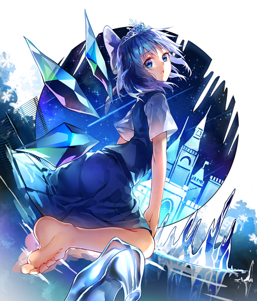 Anime picture 1200x1403 with the story of cinderella touhou cirno cinderella uu uu zan single tall image open mouth blue eyes blue hair looking back barefoot from behind short sleeves no shoes girl bow hair bow wings tiara