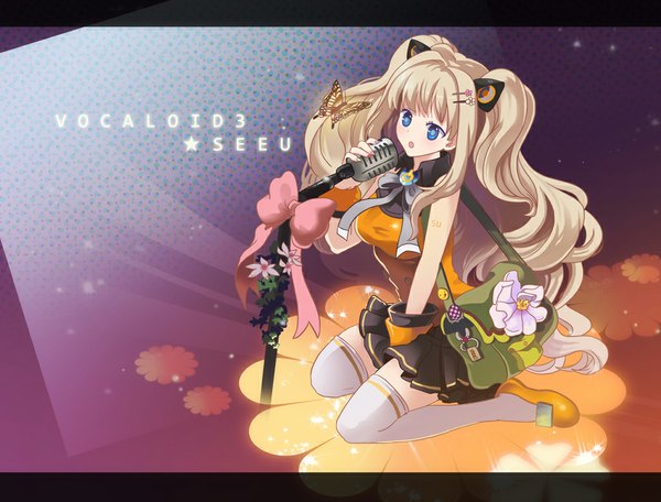 Anime picture 1000x760 with vocaloid seeu saya (mychristian2) single long hair fringe open mouth blue eyes blonde hair sitting bare shoulders animal ears nail polish cat ears inscription sleeveless singing girl thighhighs hair ornament