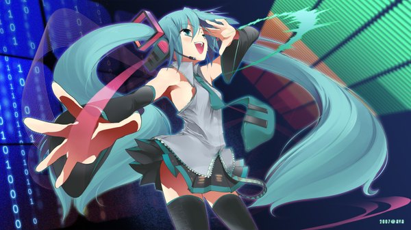 Anime picture 1600x900 with vocaloid hatsune miku mugen dai single blush open mouth wide image twintails very long hair aqua eyes aqua hair wallpaper outstretched arm looking up salute girl thighhighs black thighhighs detached sleeves headphones