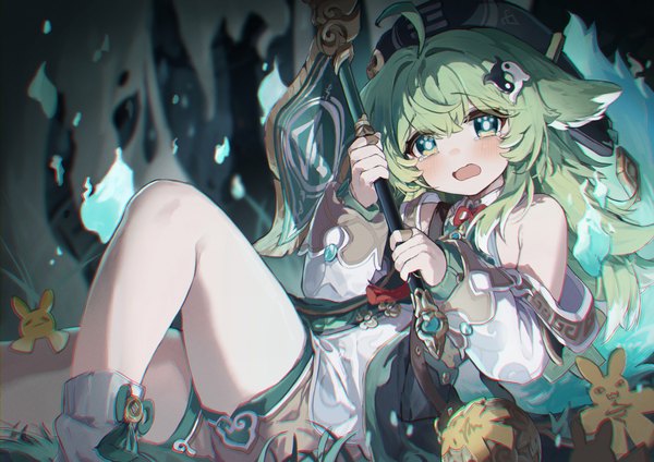 Anime picture 4200x2970 with honkai: star rail honkai (series) huohuo (honkai: star rail) coria single long hair looking at viewer blush fringe highres open mouth sitting bare shoulders holding green eyes animal ears absurdres ahoge bent knee (knees) tail