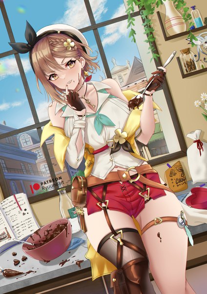Anime picture 1191x1684 with atelier (series) atelier ryza gust (company) reisalin stout ryuuneart single tall image looking at viewer fringe short hair breasts smile hair between eyes brown hair large breasts brown eyes sky cleavage indoors braid (braids)