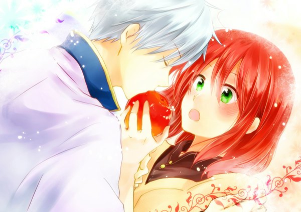 Anime picture 1457x1032 with akagami no shirayukihime studio bones shirayuki (akagami no shirayukihime) zen wistalia (akagami no shirayukihime) hinomiya22 blush fringe short hair open mouth green eyes silver hair red hair eyes closed face to face girl boy fruit apple clothes