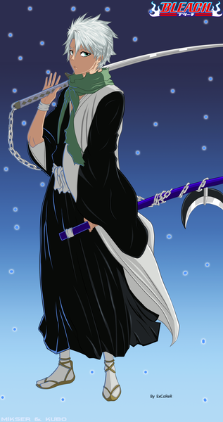 Anime picture 2500x4732 with bleach studio pierrot hitsugaya toushirou gold-mk single tall image highres short hair japanese clothes aqua eyes grey hair inscription coloring blue background weapon over shoulder boy weapon sword belt kimono