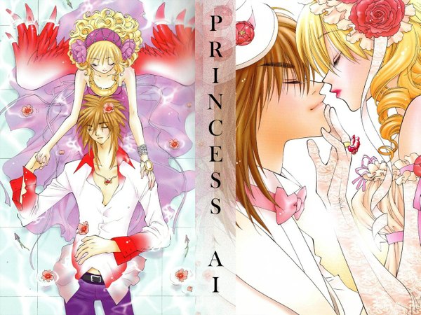 Anime picture 1333x1000 with princess ai blonde hair brown hair lying eyes closed hair flower lips inscription couple lipstick kneeling holding hands wavy hair almost kiss girl dress boy gloves hair ornament flower (flowers)