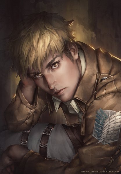 Anime picture 695x1000 with shingeki no kyojin production i.g jean kirstein jurikoi single tall image looking at viewer fringe short hair blonde hair yellow eyes long sleeves squat hand on head open collar glow military boy uniform shirt