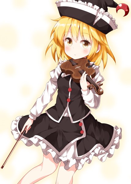 Anime picture 1000x1400 with touhou lunasa prismriver ruu (tksymkw) single tall image looking at viewer blush fringe short hair blonde hair hair between eyes yellow eyes girl hat frills musical instrument moon (symbol) violin bow (instrument)