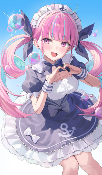 Anime picture 3000x5161 with virtual youtuber hololive minato aqua minato aqua (1st costume) riyonn single long hair tall image looking at viewer blush highres open mouth twintails pink hair ahoge :d pink eyes multicolored hair streaked hair drill hair
