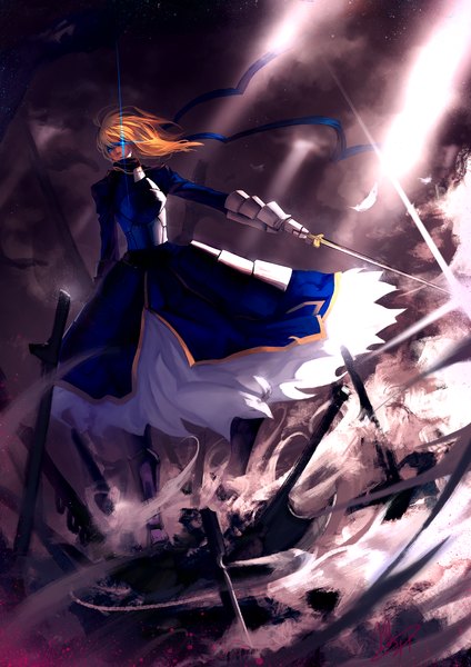 Anime picture 1447x2047 with fate (series) fate/stay night studio deen type-moon artoria pendragon (all) saber urami (artist) single tall image blue eyes blonde hair glowing glowing eye (eyes) ruins girl dress ribbon (ribbons) sword armor