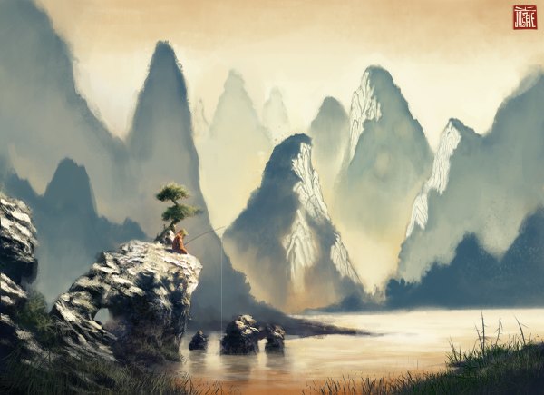Anime picture 1200x871 with original aspeckofdust (artist) sitting mountain landscape rock lake fishing boy plant (plants) hat tree (trees) water grass