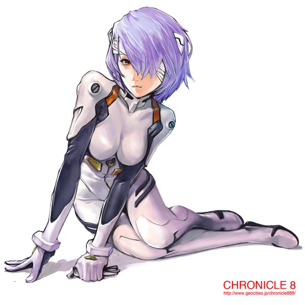 Anime picture 1476x1476 with neon genesis evangelion rebuild of evangelion evangelion: 2.0 you can (not) advance gainax ayanami rei kiyohisa single fringe short hair light erotic simple background white background sitting purple hair hair over one eye inscription bandage over one eye girl bandage (bandages) pilot suit