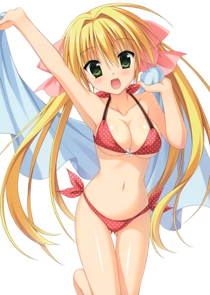 Anime picture 3285x4600 with original moribe (rabumanyo) single long hair tall image blush highres open mouth light erotic simple background blonde hair white background twintails green eyes absurdres girl navel swimsuit bikini red bikini