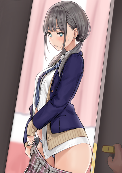 Anime picture 848x1200 with original reinama long hair tall image looking at viewer blush fringe blue eyes light erotic twintails payot indoors blunt bangs long sleeves grey hair open clothes low twintails plaid skirt solo focus sweatdrop