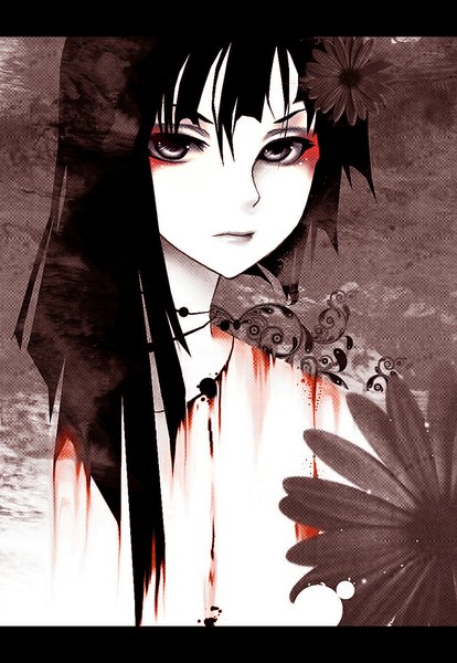 Anime picture 719x1041 with original aikaxx single long hair tall image looking at viewer black hair black eyes girl flower (flowers) pendant blood
