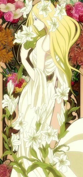 Anime picture 1024x2166 with arakawa under the bridge shaft (studio) nino single long hair tall image blue eyes blonde hair standing bare shoulders profile hair flower light smile girl dress hair ornament flower (flowers) rose (roses) bouquet lily (flower)