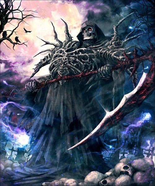 Anime picture 922x1106 with original death (entity) grim reaper kei-suwabe single tall image looking at viewer cloud (clouds) night bare tree skeleton bone (bones) weapon plant (plants) animal tree (trees) bird (birds) cloak cross skull