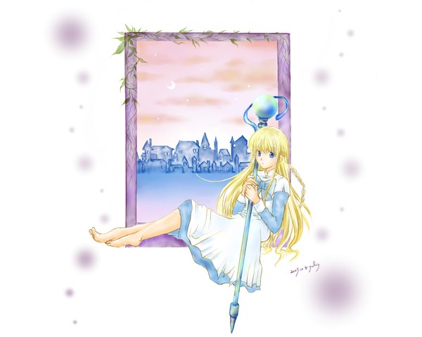Anime picture 1024x819 with children of the rune single long hair blue eyes blonde hair sky cloud (clouds) barefoot inscription city crescent girl dress window star (stars) staff