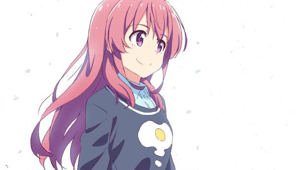 Anime picture 1000x578 with girlish number karasuma chitose (giarlish number) tomato (lsj44867) single long hair blush fringe simple background smile wide image white background purple eyes looking away pink hair upper body long sleeves wind girl shirt sweater