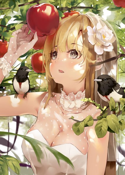 Anime picture 1614x2266 with original niii (memstapak) single long hair tall image blush fringe breasts open mouth light erotic blonde hair hair between eyes upper body outdoors arm up hair flower grey eyes looking up animal on shoulder bird on shoulder