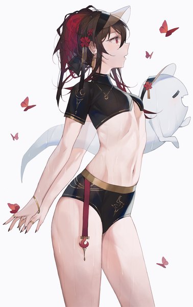 Anime picture 3153x5000 with genshin impact hu tao (genshin impact) boo tao (genshin impact) qiandaiyiyu single tall image blush fringe highres short hair breasts open mouth light erotic simple background hair between eyes red eyes brown hair standing white background absurdres