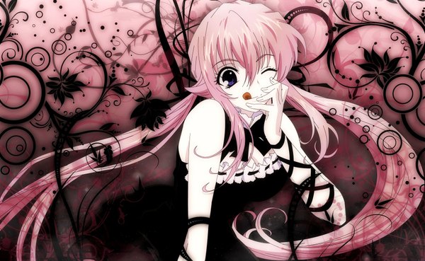 Anime picture 1920x1181 with monochrome factor lulu (monochrome factor) single long hair fringe highres hair between eyes wide image purple eyes twintails bare shoulders pink hair one eye closed wink girl dress tongue
