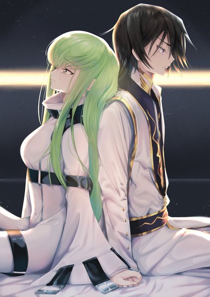 Anime picture 2893x4092 with code geass sunrise (studio) c.c. lelouch lamperouge budgiepon long hair tall image fringe highres short hair breasts black hair hair between eyes sitting purple eyes yellow eyes payot looking away long sleeves profile