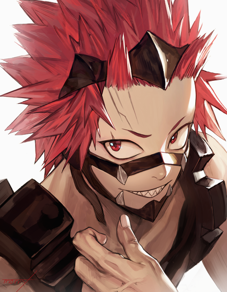 Anime picture 699x900 with boku no hero academia studio bones kirishima eijirou morry single tall image looking at viewer short hair simple background smile red eyes red hair fingernails from above teeth face sharp teeth spiked hair boy