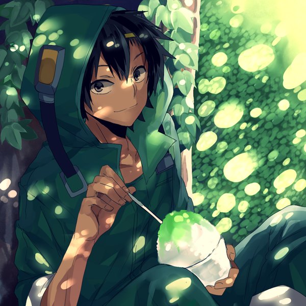 Anime picture 1000x1000 with kagerou project shaft (studio) seto kousuke minaduki0038 single looking at viewer short hair black hair smile sitting black eyes sunlight summer boy plant (plants) hood shaved ice