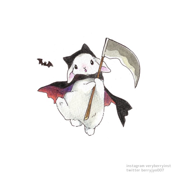 Anime picture 2000x2000 with original berry jou highres simple background white background signed halloween no people traditional media colored pencil (medium) weapon animal cape bunny scythe bat halloween costume