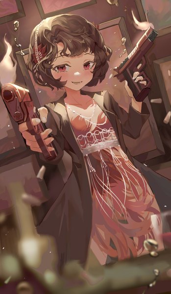 Anime picture 1928x3316 with reverse:1999 schneider (reverse:1999) cxxxl single tall image looking at viewer highres short hair red eyes brown hair standing firing girl dress weapon gun red dress pistol picture frame shell casing