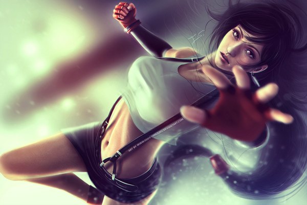 Anime picture 2220x1480 with final fantasy vii tifa lockhart eddy-shinjuku single long hair looking at viewer highres breasts black hair red eyes bare shoulders signed midriff attack girl gloves navel earrings miniskirt fingerless gloves