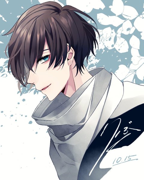 Anime picture 1085x1357 with original ksb_x4 single tall image looking at viewer fringe short hair blue eyes black hair simple background smile hair between eyes upper body parted lips profile dated smirk boy