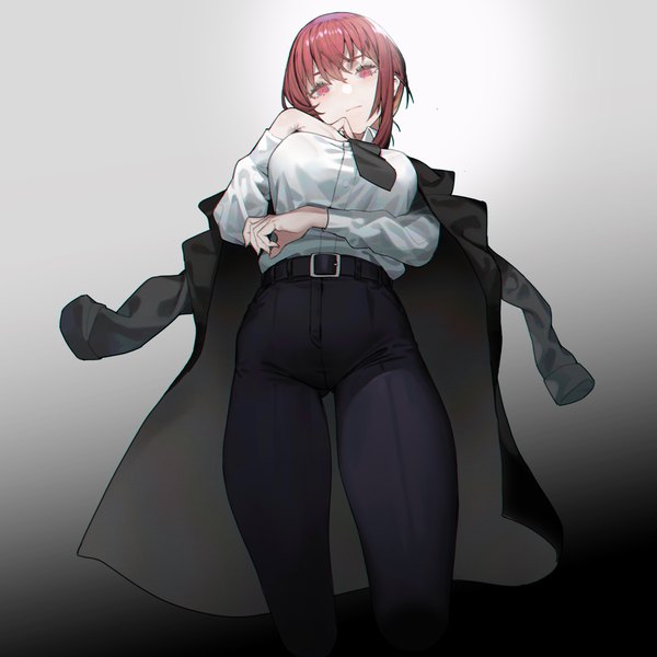 Anime picture 6000x6000 with chainsaw man mappa makima (chainsaw man) alver single looking at viewer blush fringe highres short hair breasts simple background hair between eyes red eyes standing payot absurdres red hair head tilt from below