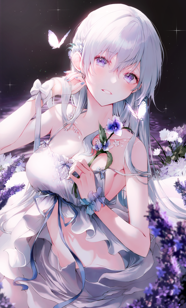 Anime picture 900x1490 with original 2sham single long hair tall image looking at viewer blush fringe breasts simple background hair between eyes large breasts standing purple eyes bare shoulders holding silver hair nail polish parted lips head tilt