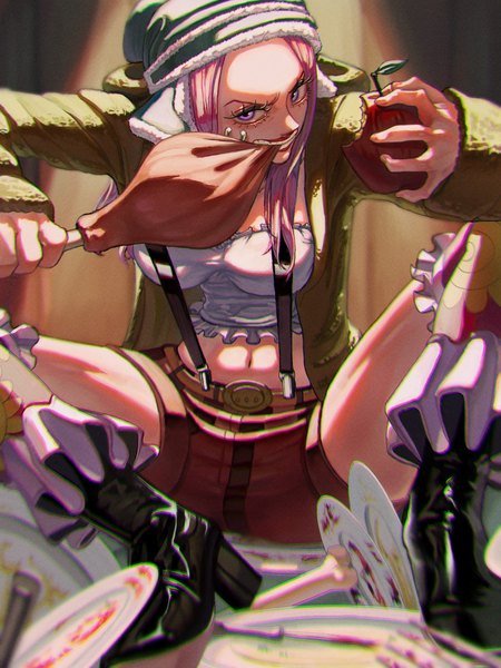 Anime picture 1200x1600 with one piece toei animation jewelry bonnie atori 0920 single long hair tall image looking at viewer purple eyes pink hair open jacket midriff lipstick piercing eating red lipstick bone (bones) girl food jacket