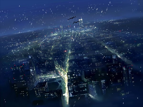 Anime picture 1600x1199 with seo tatsuya night city cityscape city lights animal bird (birds)