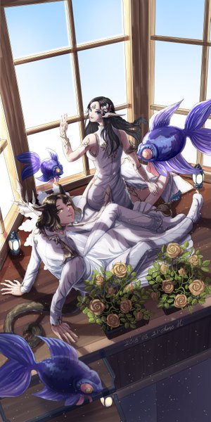 Anime picture 3043x6087 with final fantasy final fantasy xiv square enix miqo'te au ra chenovellia long hair tall image looking at viewer highres short hair blue eyes black hair brown hair sitting signed animal ears yellow eyes absurdres full body