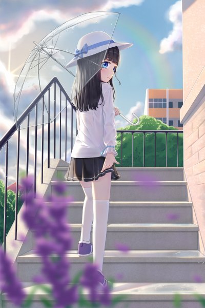 Anime picture 1600x2400 with original abwan single long hair tall image looking at viewer blush fringe blue eyes black hair sky cloud (clouds) full body outdoors blunt bangs long sleeves pleated skirt looking back from behind sunlight