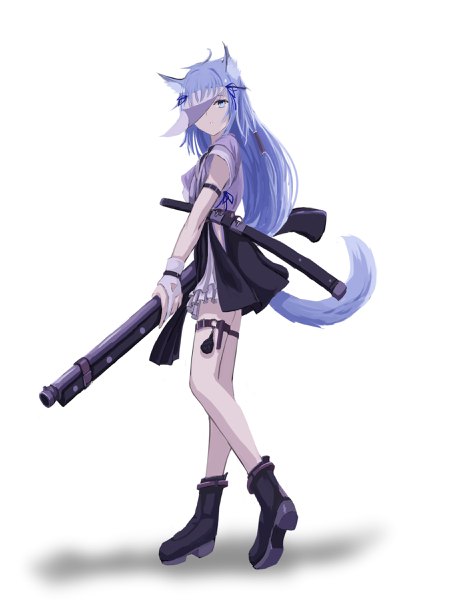 Anime picture 1800x2400 with original mikisai single long hair tall image looking at viewer fringe highres blue eyes simple background standing white background holding animal ears blue hair full body tail parted lips animal tail cat ears