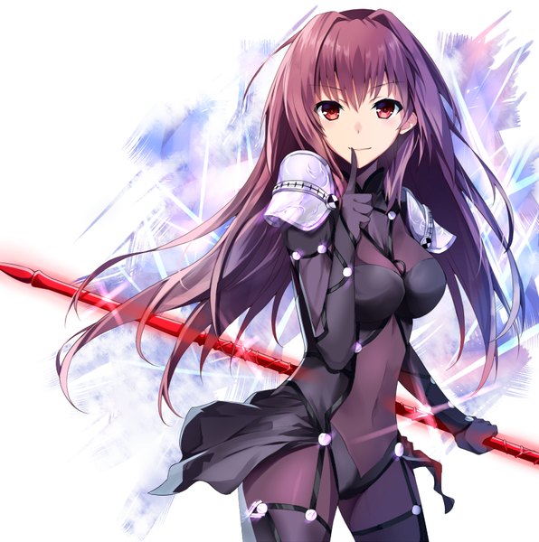 Anime picture 812x818 with fate (series) fate/grand order type-moon scathach (fate) (all) scathach (fate) tsuedzu single long hair tall image looking at viewer fringe breasts smile red eyes standing holding purple hair lens flare covered navel finger to mouth