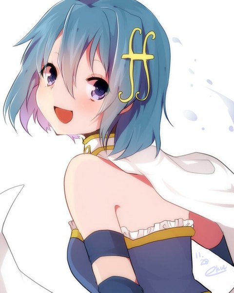 Anime picture 800x1000 with mahou shoujo madoka magica shaft (studio) miki sayaka takeshima eku single tall image looking at viewer blush short hair open mouth simple background white background purple eyes bare shoulders signed blue hair girl hair ornament hairclip cape