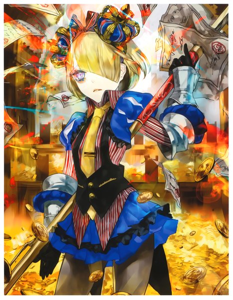 Anime picture 4192x5383 with million arthur (series) kaku-san-sei million arthur square enix hakus (pixiv) single tall image fringe highres short hair blonde hair purple eyes absurdres scan hair over one eye girl dress weapon crown coin (coins)