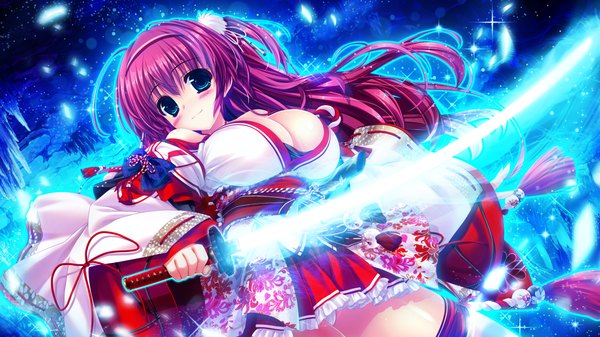 Anime picture 1280x720 with sakigake generation! clochette yukinomiya anon oshiki hitoshi single long hair looking at viewer blush breasts blue eyes light erotic smile wide image large breasts bare shoulders game cg cleavage purple hair traditional clothes night