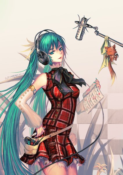 Anime picture 1273x1800 with vocaloid akg hatsune miku edenfox long hair tall image twintails green eyes nail polish green hair demon checkered background girl bow detached sleeves headphones microphone fanny pack