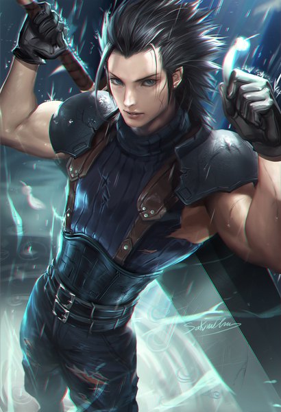 Anime picture 1026x1500 with final fantasy final fantasy vii square enix zack fair sakimichan single tall image looking at viewer fringe short hair blue eyes black hair standing holding signed from above realistic arms up torn clothes looking up