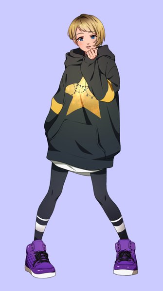 Anime picture 1000x1790 with original sumino akasuke single tall image looking at viewer short hair blue eyes simple background blonde hair standing full body purple background star print girl shoes star (symbol) hood hoodie sneakers