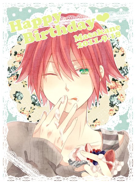 Anime picture 1040x1404 with inazuma eleven kiyama hiroto washi (micino) single tall image short hair green eyes red hair one eye closed wink portrait framed happy birthday licking boy food sweets tongue sweater berry (berries)