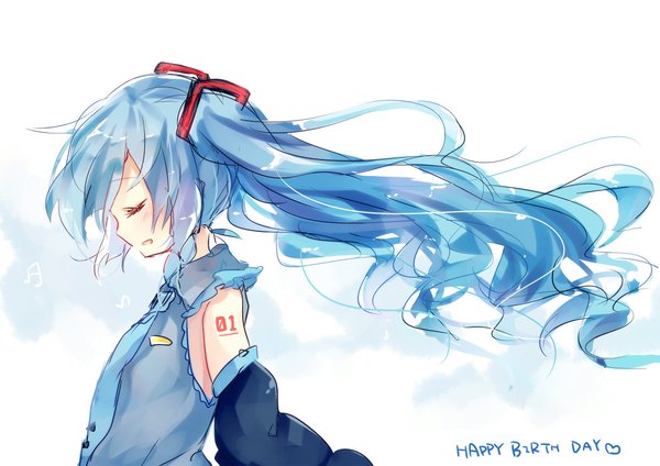 Anime picture 1052x744 with vocaloid hatsune miku asanagi kurumi (panda-doufu) single long hair blush fringe open mouth simple background white background twintails blue hair eyes closed profile wind happy birthday girl detached sleeves musical note