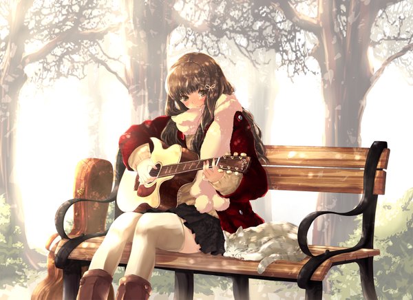 Anime picture 1600x1163 with original ayase non (artist) single long hair brown hair sitting brown eyes girl thighhighs skirt plant (plants) miniskirt white thighhighs tree (trees) jacket scarf cat guitar bench